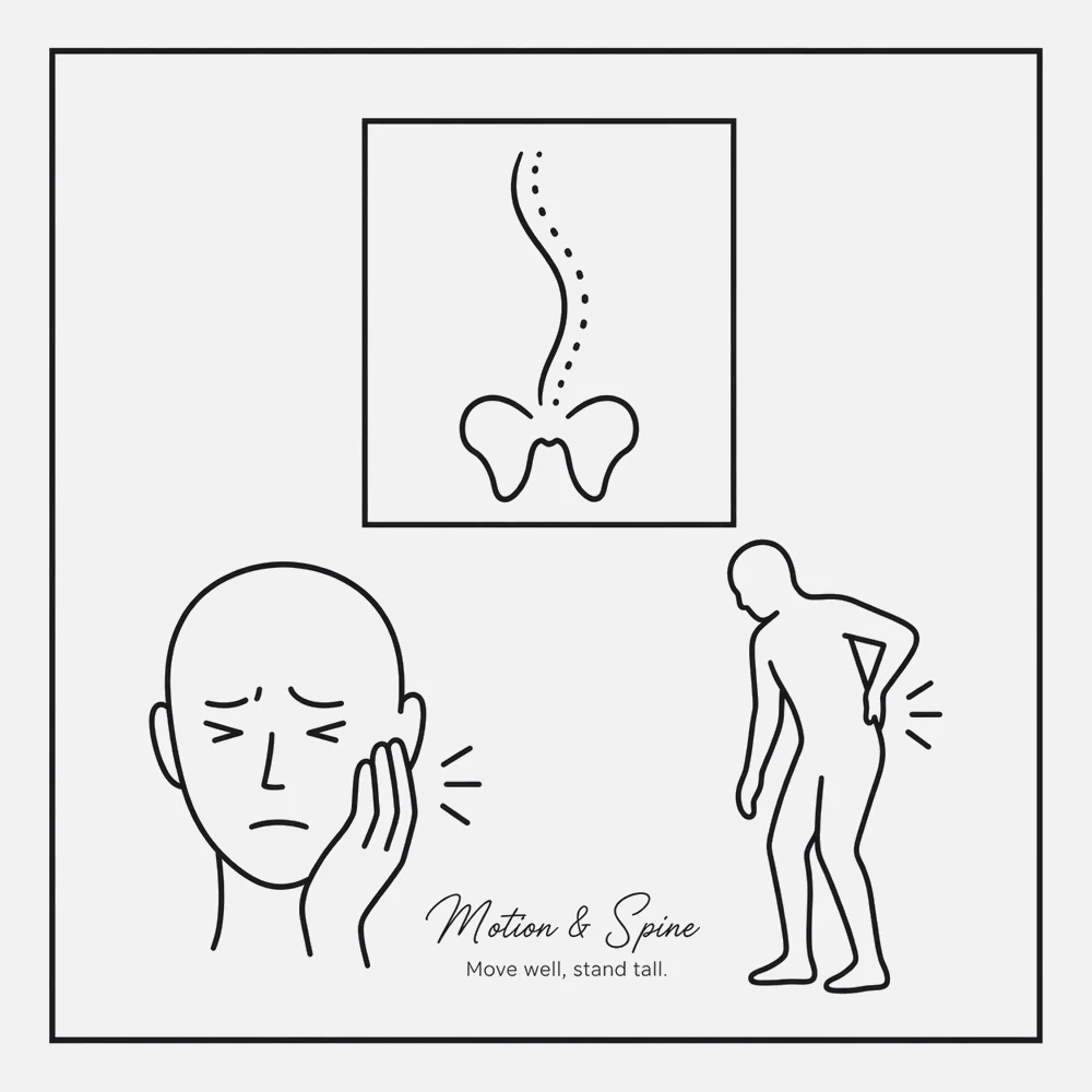 Illustration — spine and pelvis alignment with headache and back-pain figures, Motion & Spine